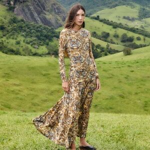 FARM Blue Winter Tapestry Long Sleeve Maxi Dress